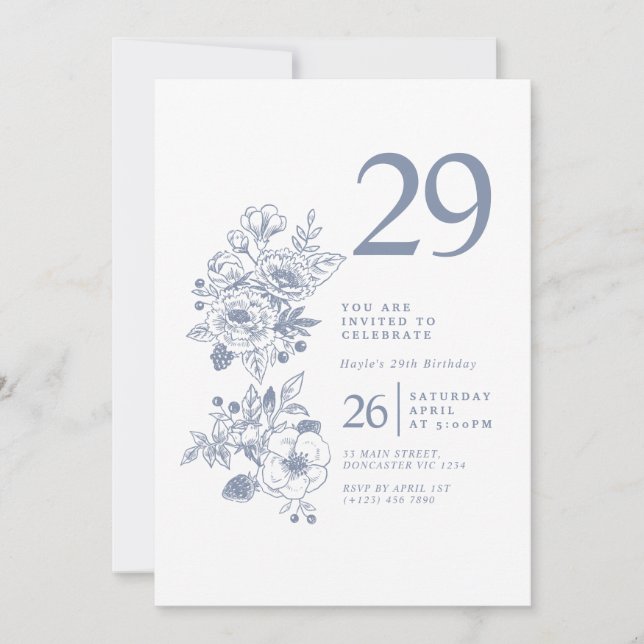 Botanical Wildflower Dusty Blue 29th Birthday Invitation (Front)