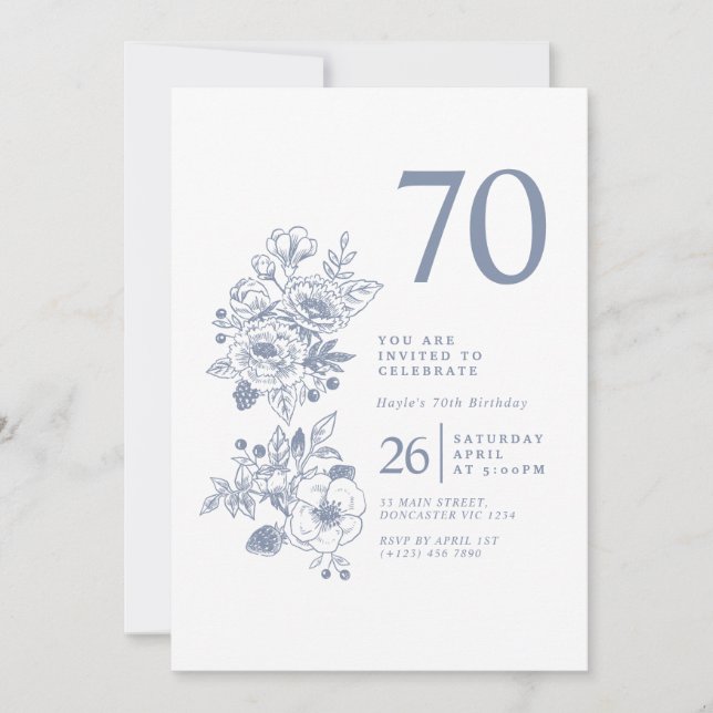 Botanical Wildflower Dusty Blue 70th Birthday Invitation (Front)