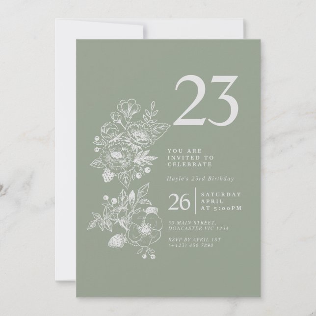 Botanical Wildflower Sage Green 23rd Birthday Invitation (Front)