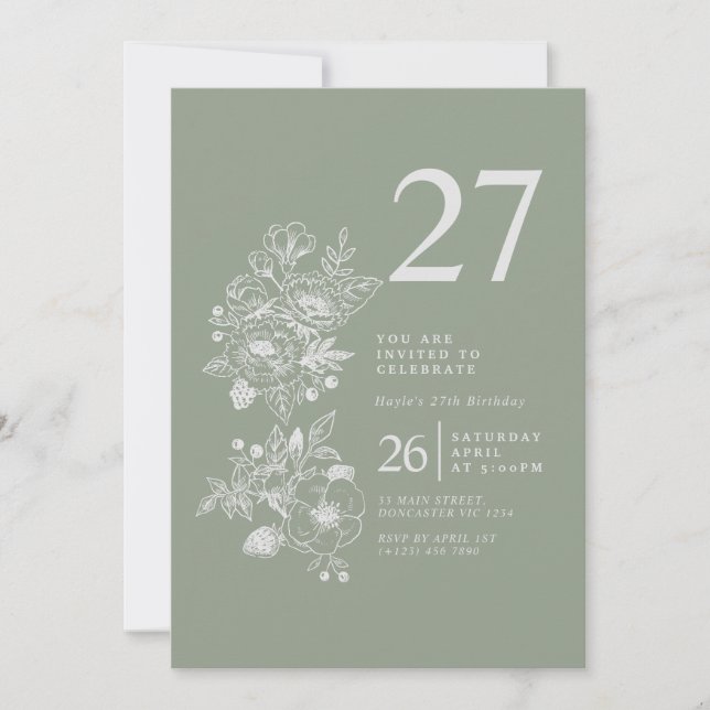 Botanical Wildflower Sage Green 27th Birthday Invitation (Front)
