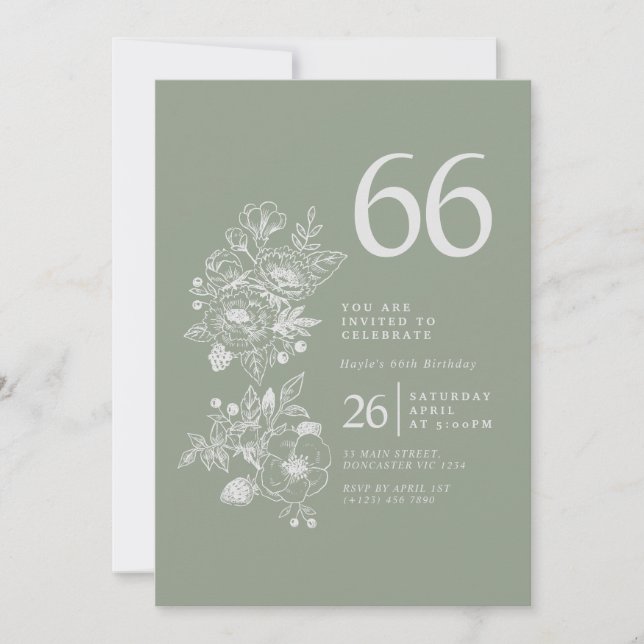 Botanical Wildflower Sage Green 66th Birthday Invitation (Front)