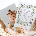 Botanical Wildflowers | Elegant Baptism Photo Back Invitation<br><div class="desc">These whimsical Baptism invitations feature a frame of illustrated,  colourful pink,  orange,  purple and white wildflowers and green leaves on a white background. Your baby's photo goes onto the back. A simple Baptism or Christening design that is both boho and elegant.</div>