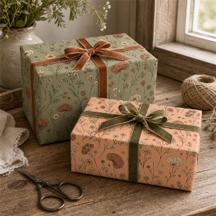 Botanical Wildflowers Peach & Sage Green Wrapping Paper Sheet
