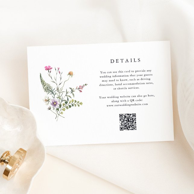 Botanical Wildflowers | Wedding Details QR Code Enclosure Card (Wedding guest detail cards with an elegant watercolor bouquet and a scannable QR code)