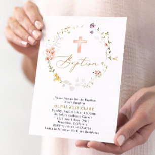 Botanical Wildflowers Wreath Baptism Christening  Invitation