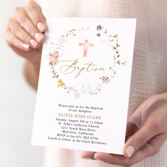 Botanical Wildflowers Wreath Baptism Christening  Invitation (Creator Uploaded)