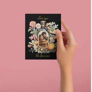 botanical wine bottle, love ages like fine wine holiday postcard