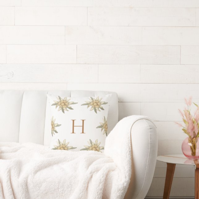 Botanical Winter White Initial Edelweiss  Throw Pillow (Couch)