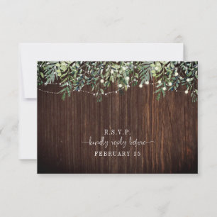 Botanical Wood Greenery String Lights Wedding RSVP Card