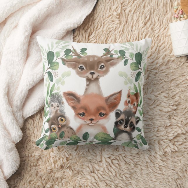 Botanical Woodland Forest Animals Baby Nursery Throw Pillow (Blanket)