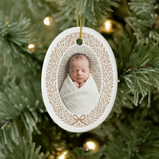 Botanical Wreath Bow Baby's 1st Christmas Photo Ceramic Ornament