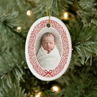 Botanical Wreath Bow Baby's 1st Christmas Photo Ceramic Ornament