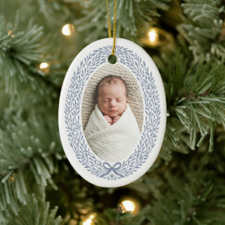Botanical Wreath Bow Baby's 1st Christmas Photo Ceramic Ornament