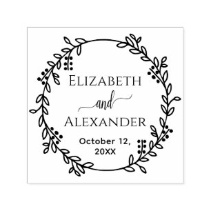 Botanical Wreath Bride Groom Names Date Wedding Self-inking Stamp
