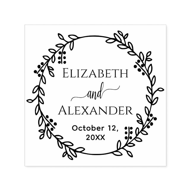 Botanical Wreath Bride Groom Names Date Wedding Self-inking Stamp (Design)