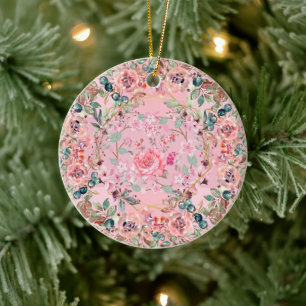 Botanical Wreath, Delicate Branches on Pink Ceramic Ornament