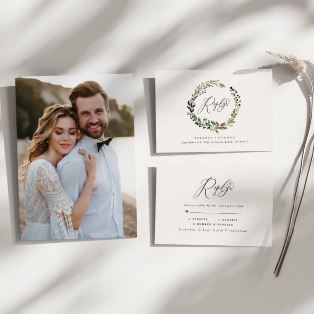 Botanical wreath elegant wedding reply RSVP card (Creator Uploaded)