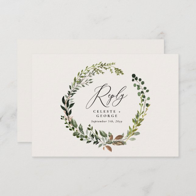Botanical wreath elegant wedding reply RSVP card (Front/Back)