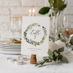 Botanical wreath elegant wedding table number 