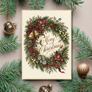 Botanical Wreath Evergreens Bows Elegant Christmas Holiday Card