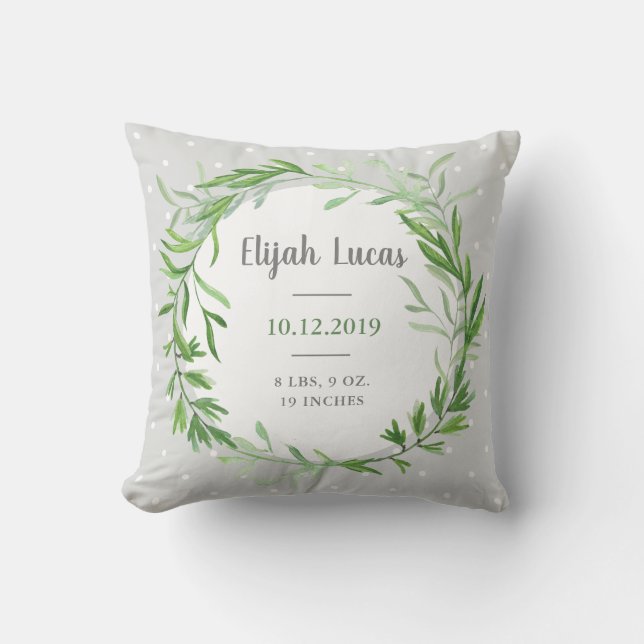 Botanical Wreath | Gender Neutral Baby Birth Stats Throw Pillow (Front)
