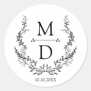 botanical wreath initials monogram wedding elegant classic round sticker