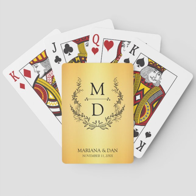 botanical wreath initials monogram wedding gold playing cards (Back)
