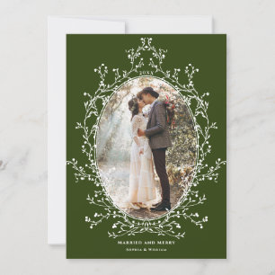 Botanical Wreath Married and Merry Photo Evergreen Holiday Card