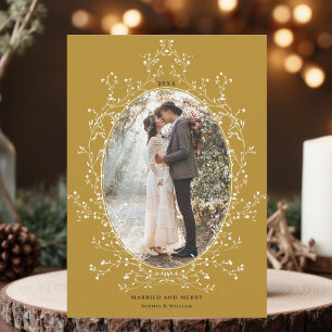 Botanical Wreath Married and Merry Photo Gold Holiday Card