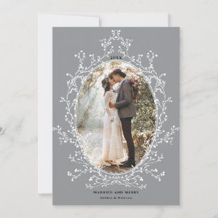 Botanical Wreath Married and Merry Photo Grey Holiday Card
