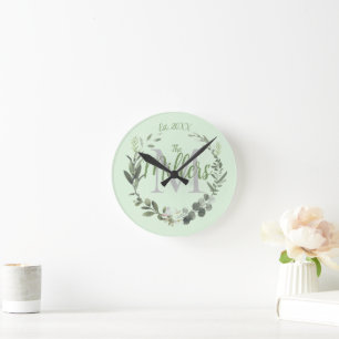 Botanical Wreath Monogram Family Name Round Clock