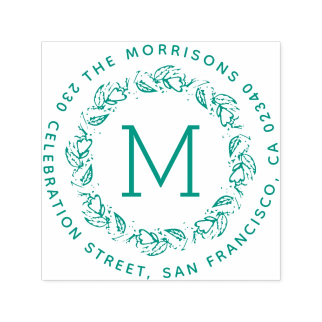 Botanical Wreath Monogram Round Return Address Self-inking Stamp (Design)