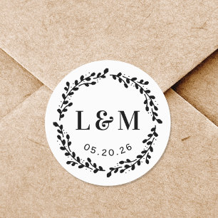 Botanical Wreath Monogram Wedding Save the Date Classic Round Sticker