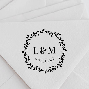 Botanical Wreath Monogram Wedding Save the Date Self-inking Stamp