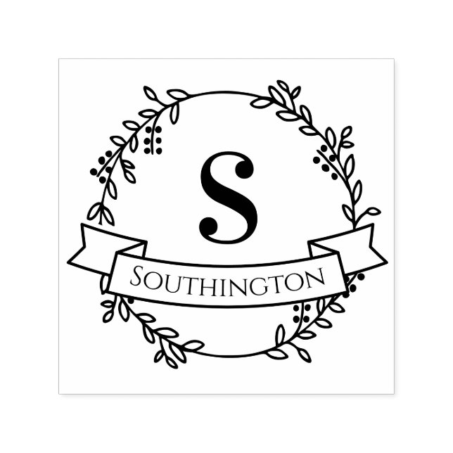 Botanical Wreath One Initial Wedding Banner#4 Name Self-inking Stamp (Design)