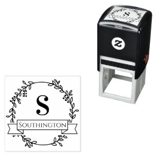Botanical Wreath One Initial Wedding Banner Name Self-inking Stamp