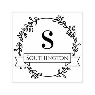 Botanical Wreath One Initial Wedding Banner Name Self-inking Stamp