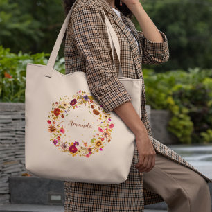 Botanical Wreath Original Pressed Flower Artwork Large Tote Bag