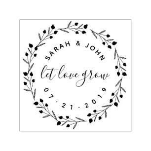 Botanical Wreath & Script Let Love Grow Wedding Self-inking Stamp
