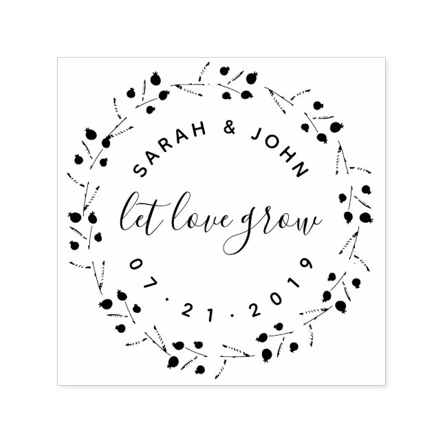 Botanical Wreath & Script Let Love Grow Wedding Self-inking Stamp (Design)