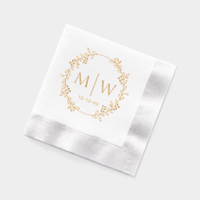 Botanical Wreath Two Initial Wedding Monogram Foil Napkins (Left)