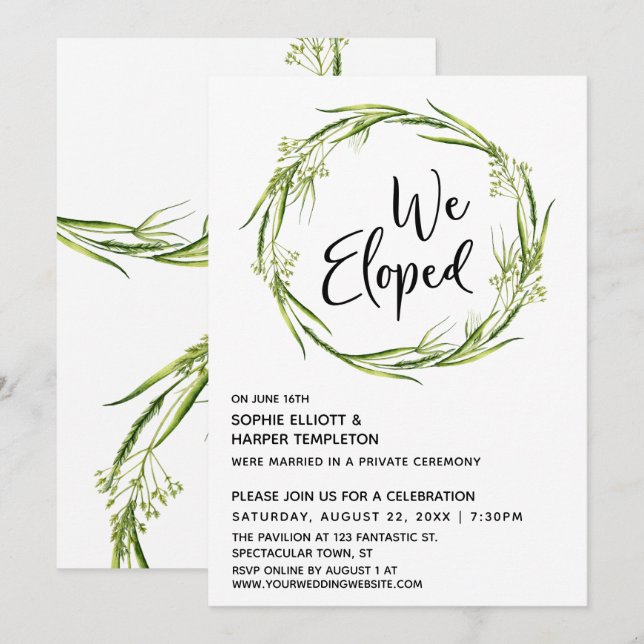Botanical Wreath We Eloped Typography Post Wedding Invitation (Front/Back)