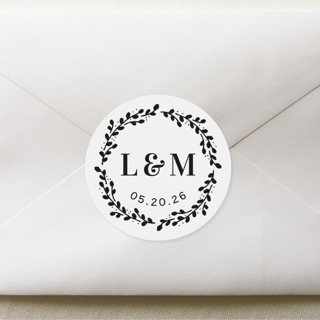 Botanical Wreath Wedding Monogram Classic Round Sticker (Creator Uploaded)