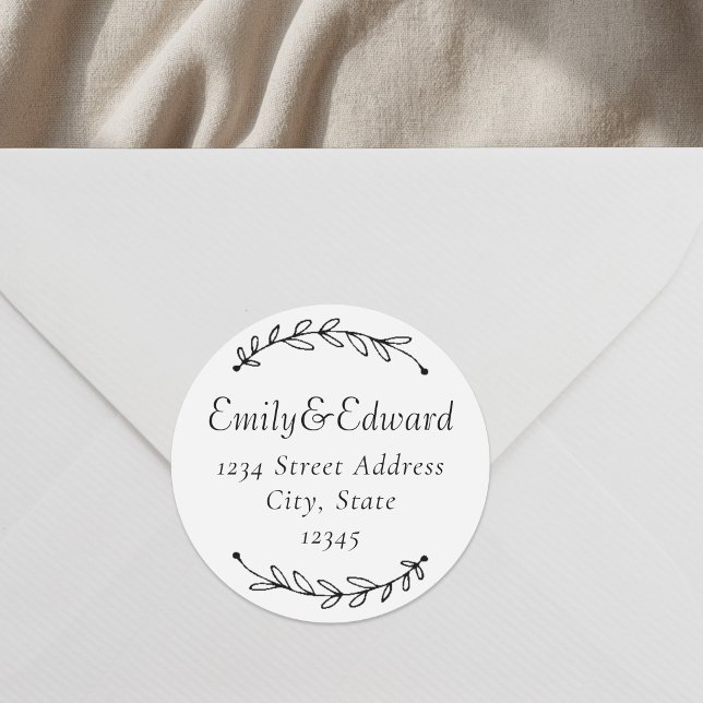 Botanical Wreath Wedding Return Address Classic Round Sticker (Creator Uploaded)