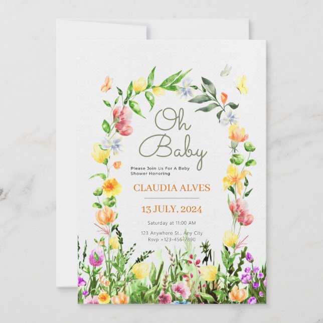 botanical yellow watercolor floral babyshower invitation (Front)