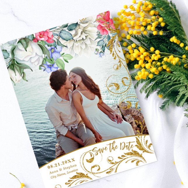 Botanicals Faux Gold Glitter Swirls Save The Date Invitation (Creator Uploaded)