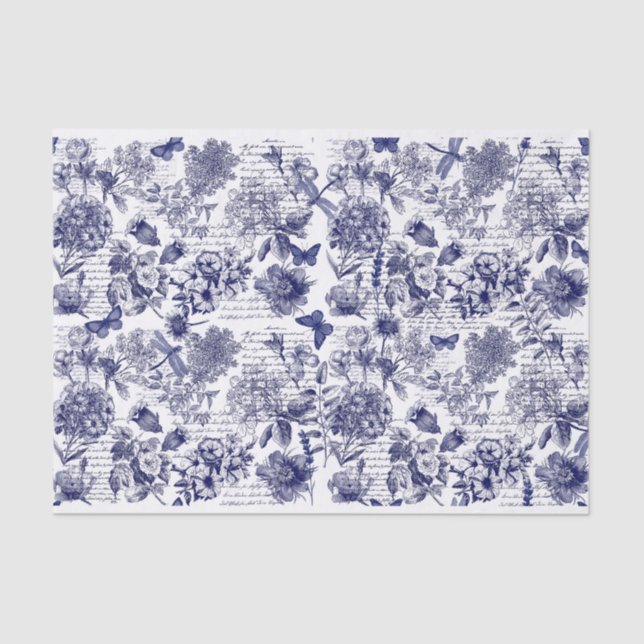 Botanicals in blue with script decoupage tissue paper (Front)