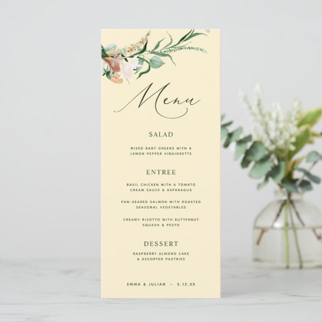 Botanique Boho Greenery Pastel Yellow Mariage Menu (Debout devant)