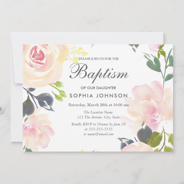 Botanique Élégante Florale Fille Invitation Baptêm (Devant)