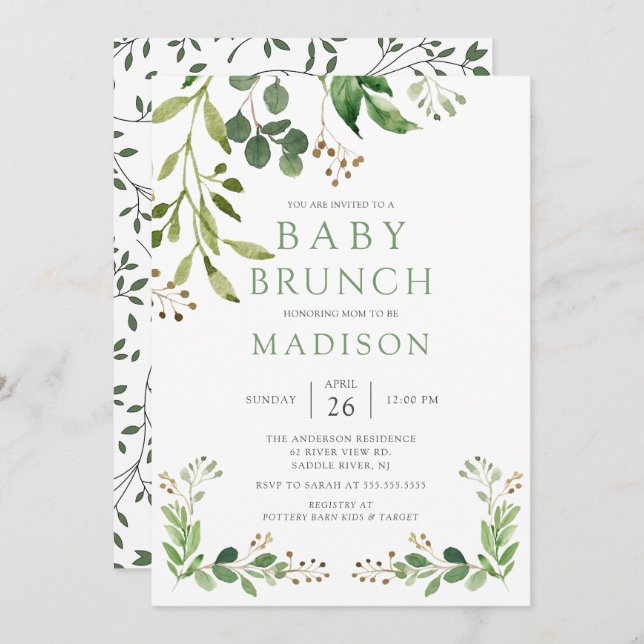 Botanique Feuille verte Bébé Brunch Invitation (Devant / Derrière)